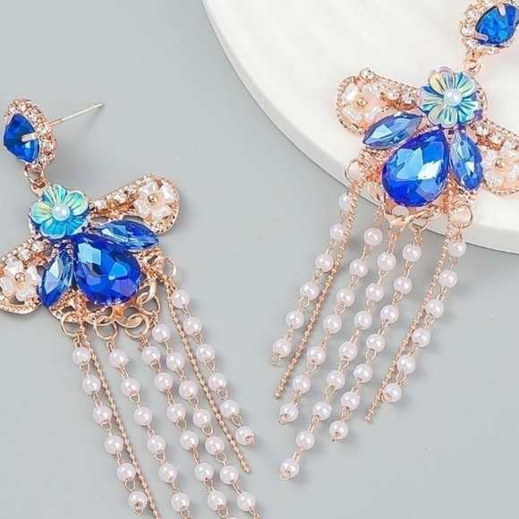 Rhinestone Tassel Faux Pearl Drop Earrings - Picture 1 of 4